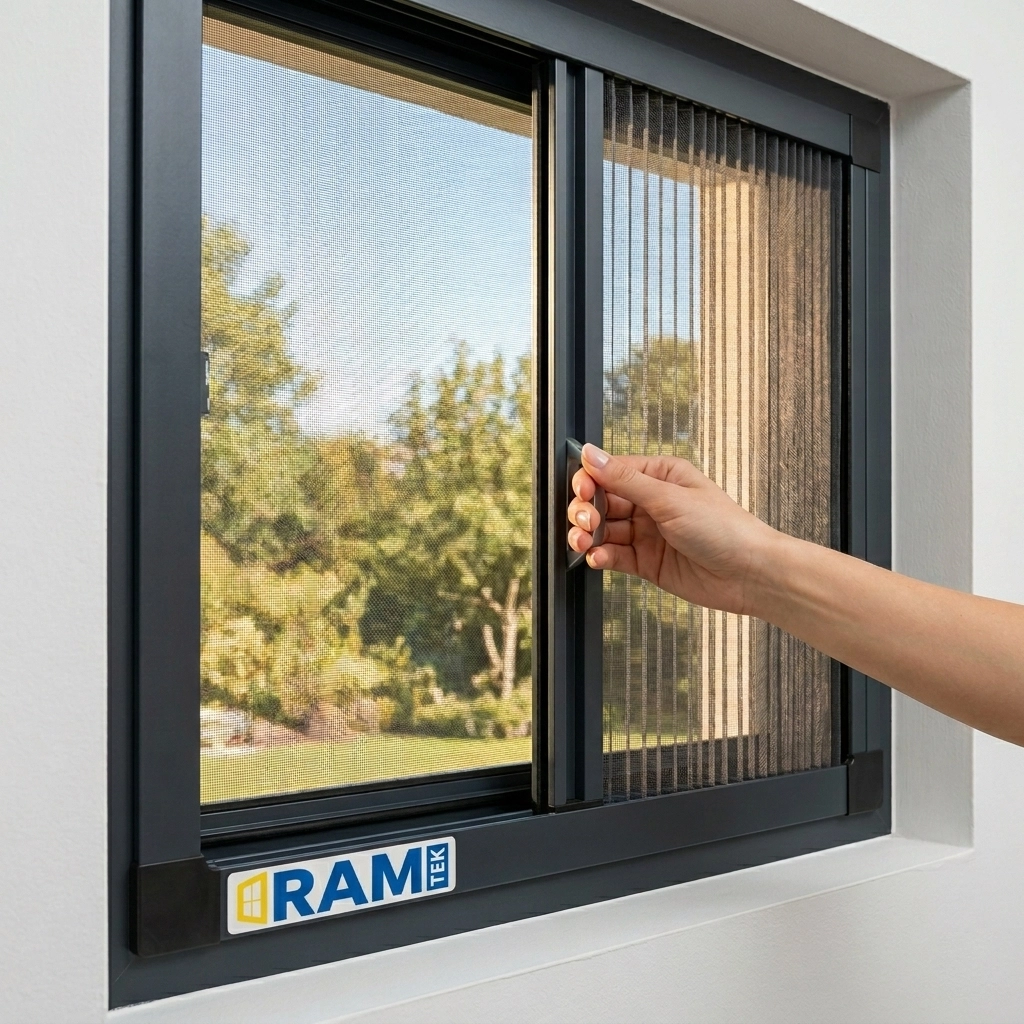 Insektenschutz Plissee mit doppelter Öffnung am Fenster montiert